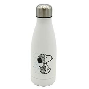 Botella de agua blanca con ilustración de Snoopy geométrico.