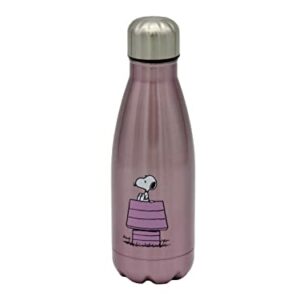 Botella morada metalizada de acero inoxidable con diseño de Snoopy sobre su caseta.