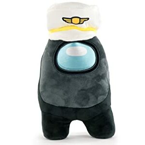 Peluche negro de Among Us con gorra de capitán blanca y detalles amarillos.