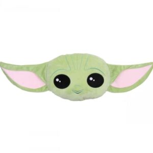 Cojín en forma de la cabeza de Baby Yoda de Star Wars con ojos grandes y orejas extendidas.