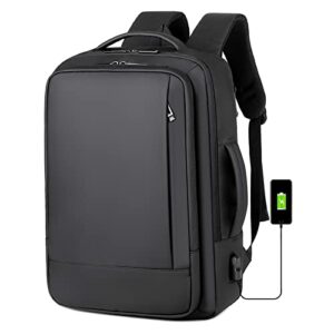 Mochila negra de gran capacidad con puerto USB y diseño moderno, ideal para viajes de negocios.