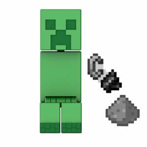 Figura de acción Creeper verde de Minecraft junto a pedernal, acero y cofre.