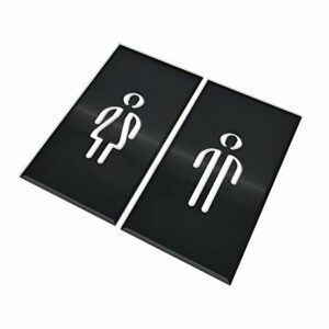 Placas adhesivas negras con símbolos blanco de hombre y mujer para puertas de baño, marca DOJA Barcelona.