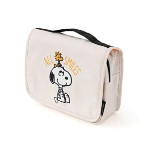 Neceser colgante blanco de Snoopy con asa y dibujo de Snoopy y Woodstock.