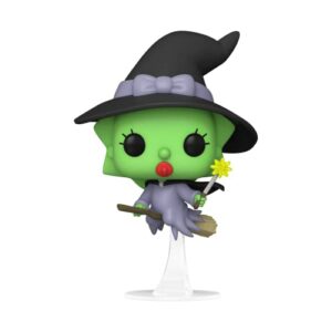 Figura Funko POP! de Maggie Simpson como bruja con piel verde, sombrero negro y escoba.