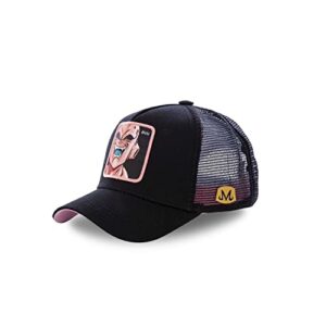 Gorra negra de Dragon Ball Z con imagen de Mâjin Buu y malla trasera.