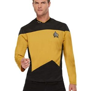 Camiseta dorada y negra de "Star Trek: The Next Generation" con insignia en el pecho.