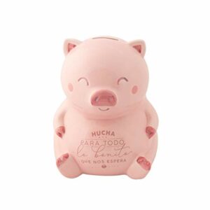 Hucha cerdito rosa sonriente de Mr. Wonderful con frase motivacional.