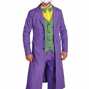 Disfraz de Joker con traje morado, chaleco verde y camisa amarilla.