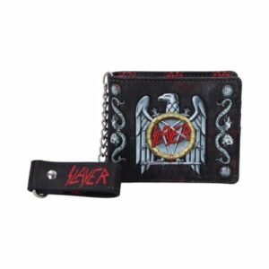 Cartera negra con cadena, logotipo de Slayer Eagle en relieve, y decorada con serpientes.