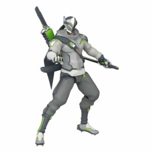 Figura de acción Funko de Genji de Overwatch 2 en una pose dinámica con traje gris y verde.