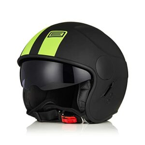 Casco de moto negro con visera oscura y detalles amarillos fluorescentes de la marca ORIGINE.