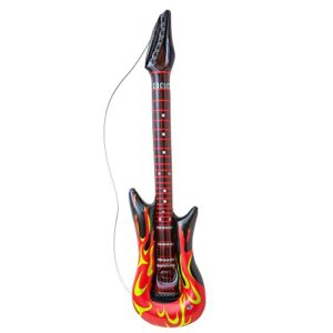 Guitarra hinchable de estrella de rock con diseño de llamas, ideal para fiestas.