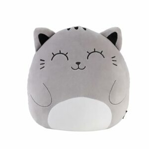 Cojín decorativo en forma de gato gris con orejas y cara sonriente.