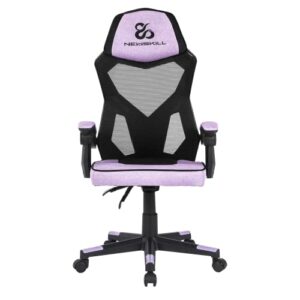 Silla gaming morada y negra de NEWSKILL con respaldo mallado y reposacabezas integrado.