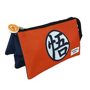 Estuche naranja y azul de tres compartimentos con el logo de Dragon Ball Kanji Go.