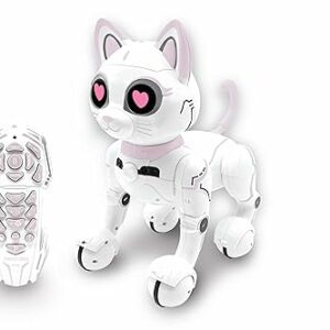 Gato robot blanco y rosa con ojos de corazón y mando a distancia a juego.