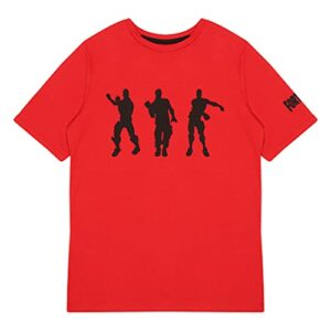 Camiseta roja de Fortnite para niño con siluetas de personajes bailando en negro.