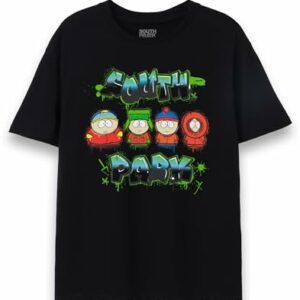 Camiseta negra de South Park con imagen de los cuatro personajes principales y logo en estilo graffiti.