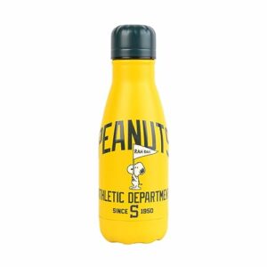 Botella de agua amarilla con diseño de Snoopy y texto "Peanuts Athletic Department".