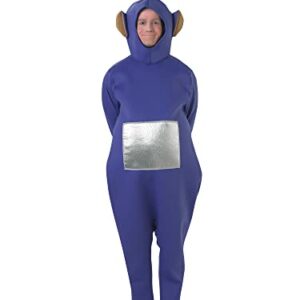 Disfraz completo de Tinky Winky de los Teletubbies para adulto en color azul con capucha y cubrezapatos.