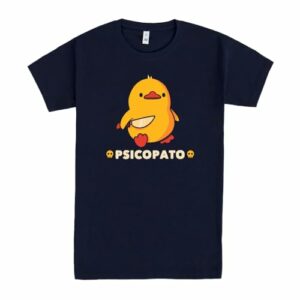 Camiseta azul con un pato animado y la palabra "PSICOPATO".