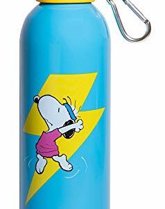 Botella azul de acero inoxidable con diseño de Snoopy y fondo de rayo amarillo.