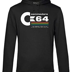 Sudadera negra con capucha y logotipo "Commodore 64" en el pecho.