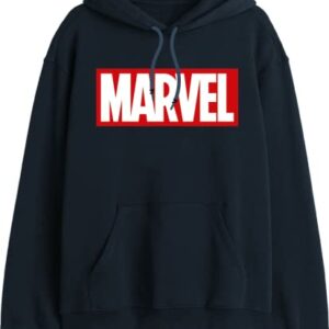 Sudadera con capucha azul marino de Marvel con logo blanco y rojo en el pecho.