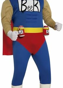 Hombre con traje de superhéroe Beerman con capa roja, traje azul y cinturón amarillo, sosteniendo latas de cerveza.