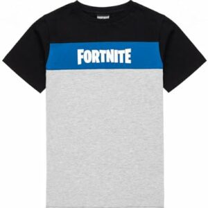 Camiseta de niño de manga corta con el logo de Fortnite, diseño tricolor en negro, azul y gris.