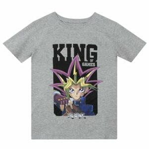 Camiseta gris para niños de 9-10 años con diseño de Yu-Gi-Oh! y la frase "King of Games".