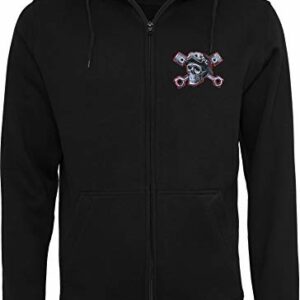 Chaqueta sudadera negra con capucha, cremallera y bordado de calavera cruzada en el pecho.