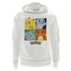 Sudadera blanca con capucha y cuatro personajes de Pokémon: Pikachu, Squirtle, Bulbasaur y Charmander.