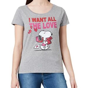 Camiseta gris melange con estampado de Snoopy y el texto "I WANT ALL THE LOVE".