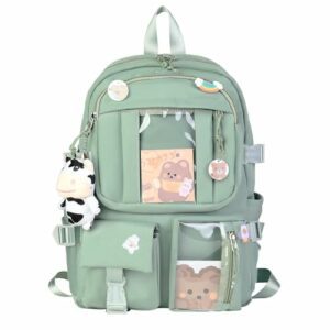 Mochila verde HORHEAR Kawaii con múltiples bolsillos y adornos tiernos.