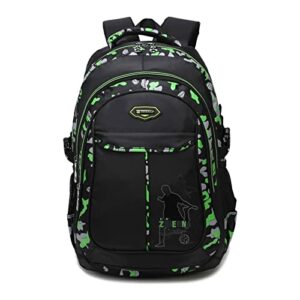 Mochila escolar verde con diseño de camuflaje para niños.