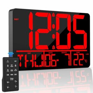 Reloj de pared digital grande XREXS con números rojos brillantes y control remoto.