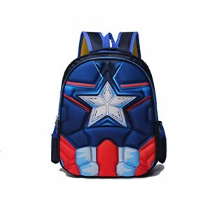 Mochila infantil de superhéroe con diseño de estrella, azul y roja.