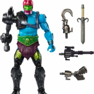 Figura de acción Trap Jaw de Masters of the Universe con varios accesorios intercambiables.