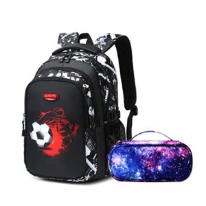 Mochila escolar negra y blanca con estampado de fútbol, incluye estuche de galaxia.