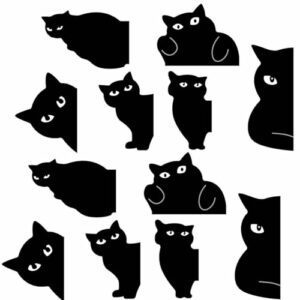 Doce marcapáginas magnéticos en forma de gatos negros en diferentes poses.