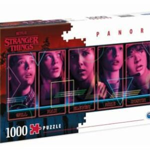 Puzzle panorámico de 1000 piezas de Stranger Things con imágenes de los personajes principales en la caja.