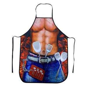 Delantal de cocina con diseño de torso masculino musculoso y utensilios de cocina impresos.