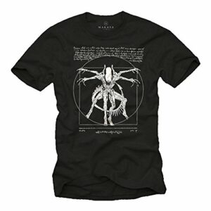 Camiseta negra con ilustración de un alien en estilo vitruviano.