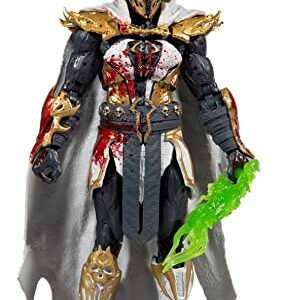 Figura de acción Spawn Discípulo Sangriento de Mortal Kombat 11 con capa y espada verde.