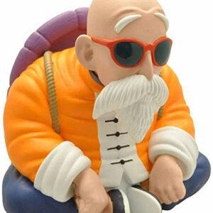 Figura de Maestro Roshi sentado con gafas de sol y mochila púrpura.