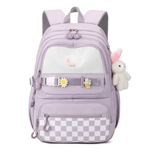 Mochila lila para niñas con diseño de cuadros y adornos de peluche.