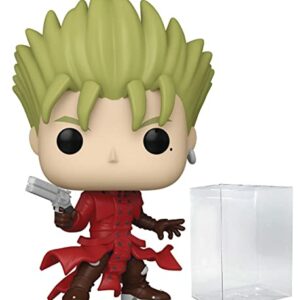 Figura Funko POP de Vash The Stampede con cabello rubio y abrigo rojo, junto a funda protectora.