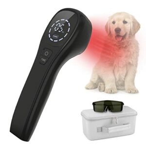 Dispositivo portátil de terapia láser para mascotas con estuche y gafas protectoras.